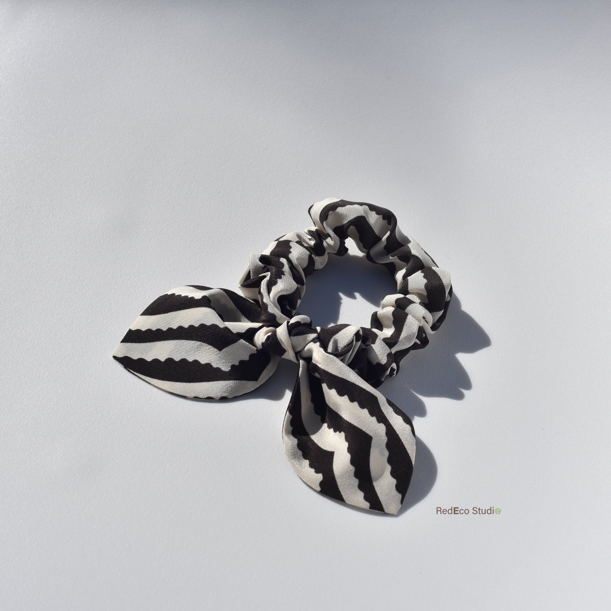 Mini 100% Silk Bow Scrunchie - Black and white chevron