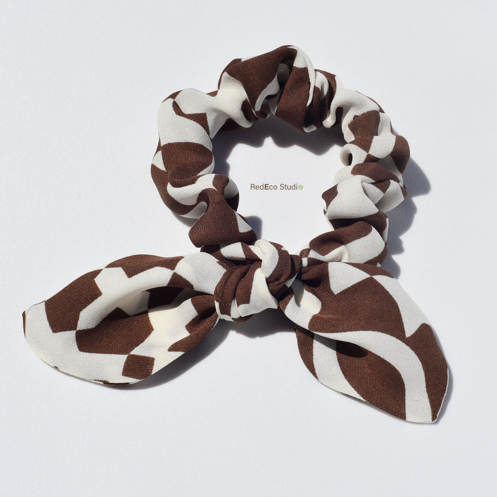 Mini 100% Silk Bow Scrunchie - Brown and Cream Abstract Pattern