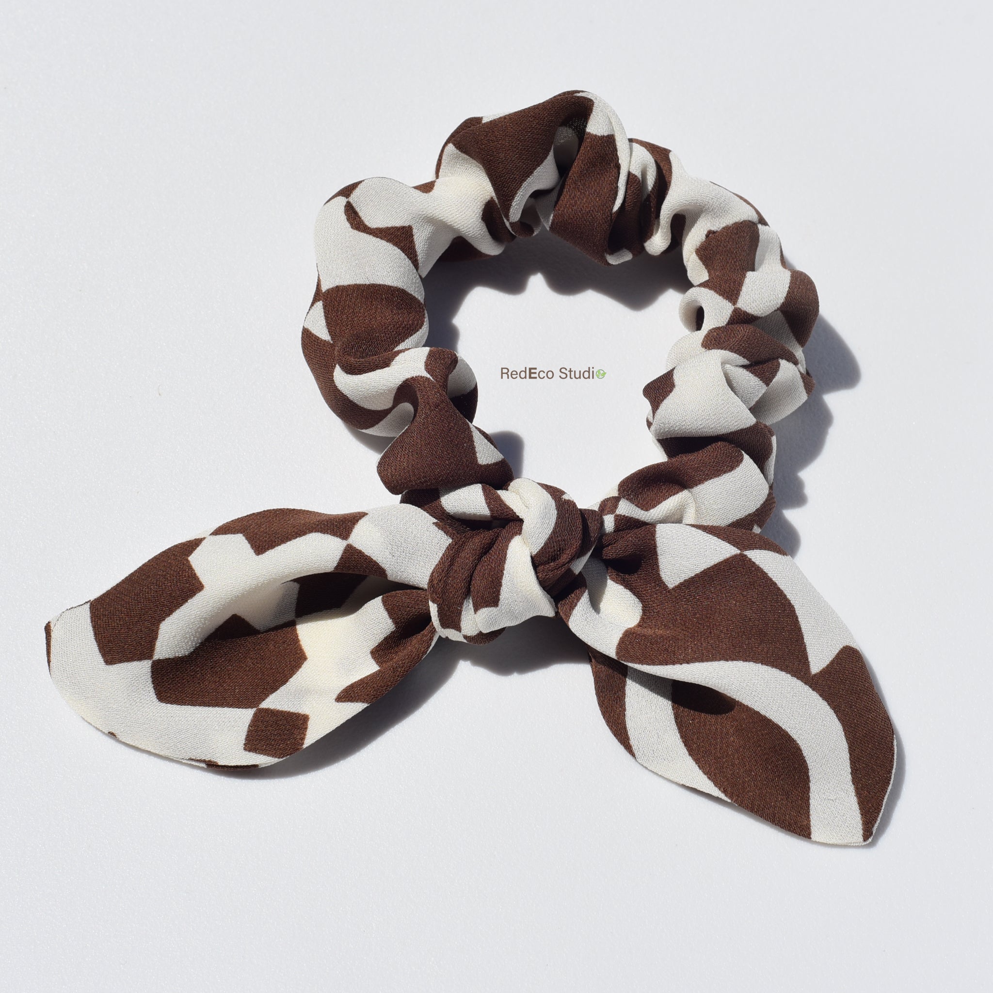 Mini 100% Silk Bow Scrunchie - Brown and Cream Abstract Pattern