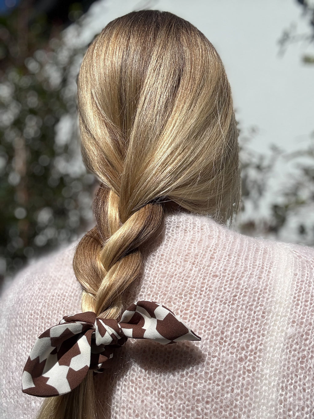 Mini 100% Silk Bow Scrunchie - Brown and Cream Abstract Pattern