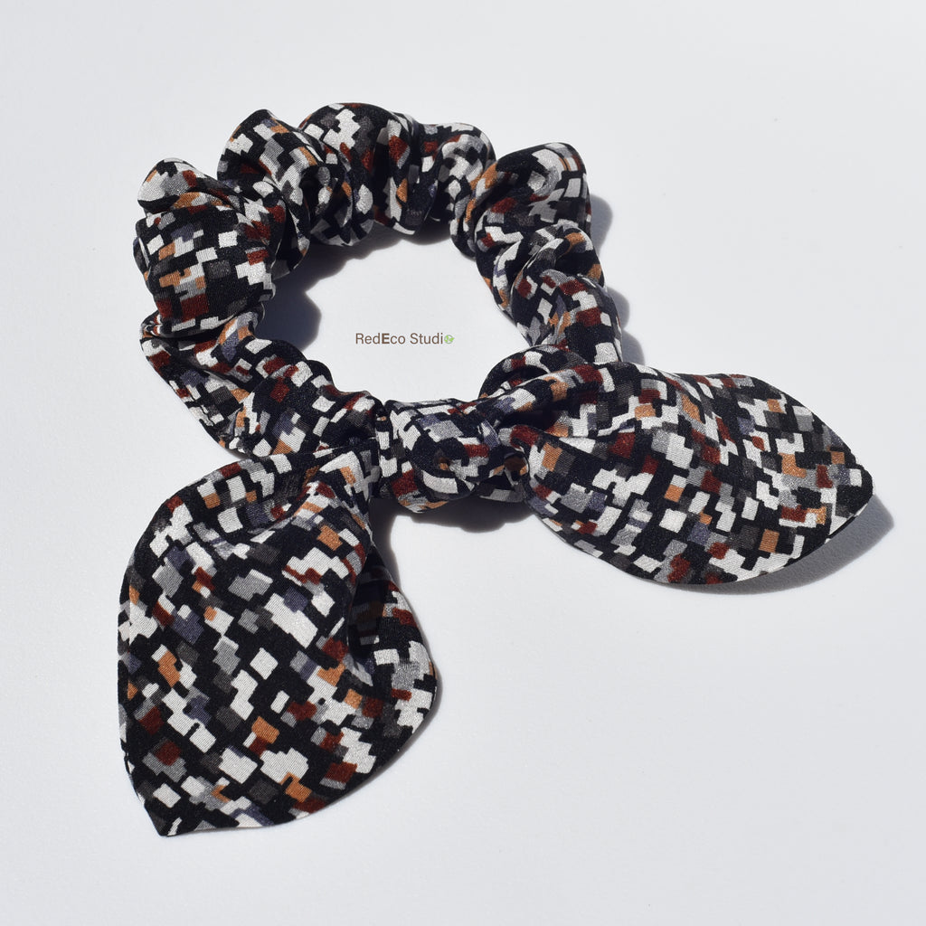 Mini 100% Silk Bow Scrunchie - Earthy geometric print