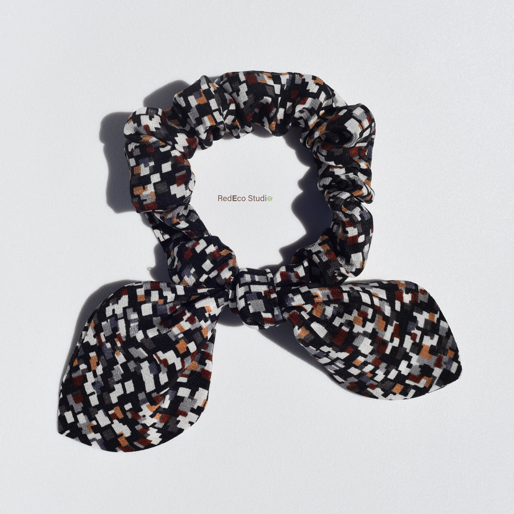 Mini 100% Silk Bow Scrunchie - Earthy geometric print
