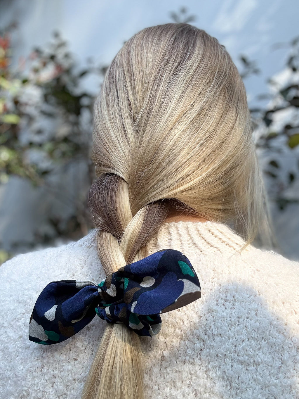 Mini 100% Silk Bow Scrunchie - Multicolour abstract pattern on a navy blue base