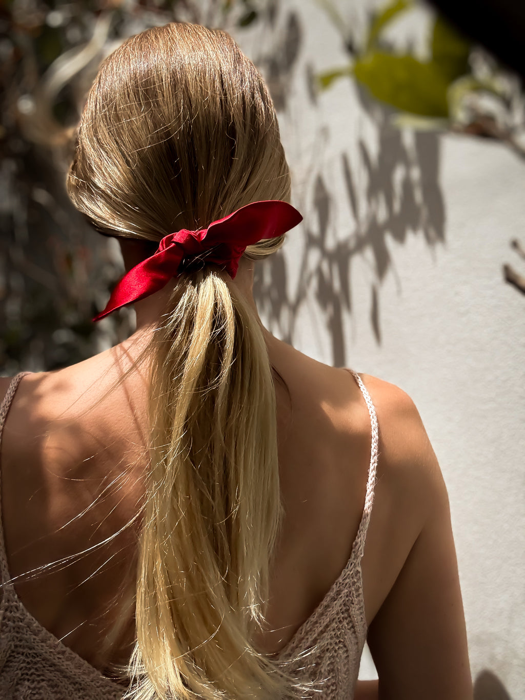 Person with long blonde hair tied in a ponytail with a red scrunchie, standing against a natural background.