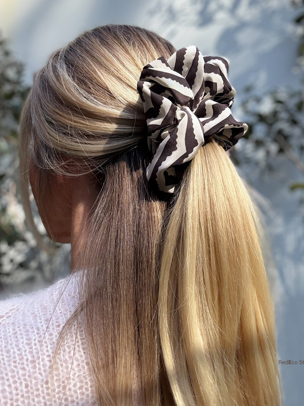 Oversized 100% Silk Scrunchie - Black and white chevron
