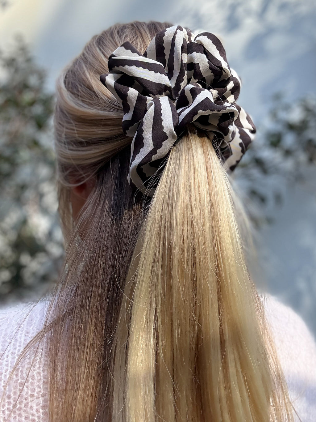 Oversized 100% Silk Scrunchie - Black and white chevron