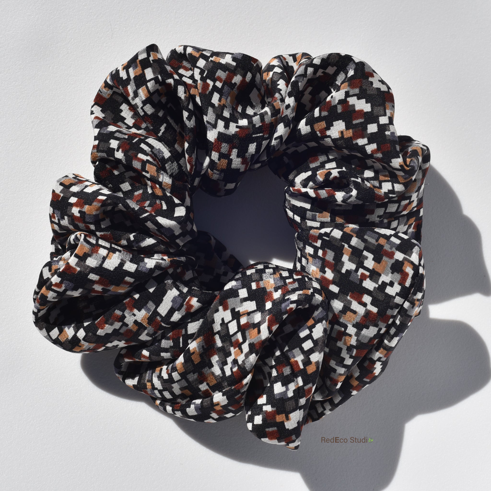 Oversized 100% Silk Scrunchie - Earthy geometric print