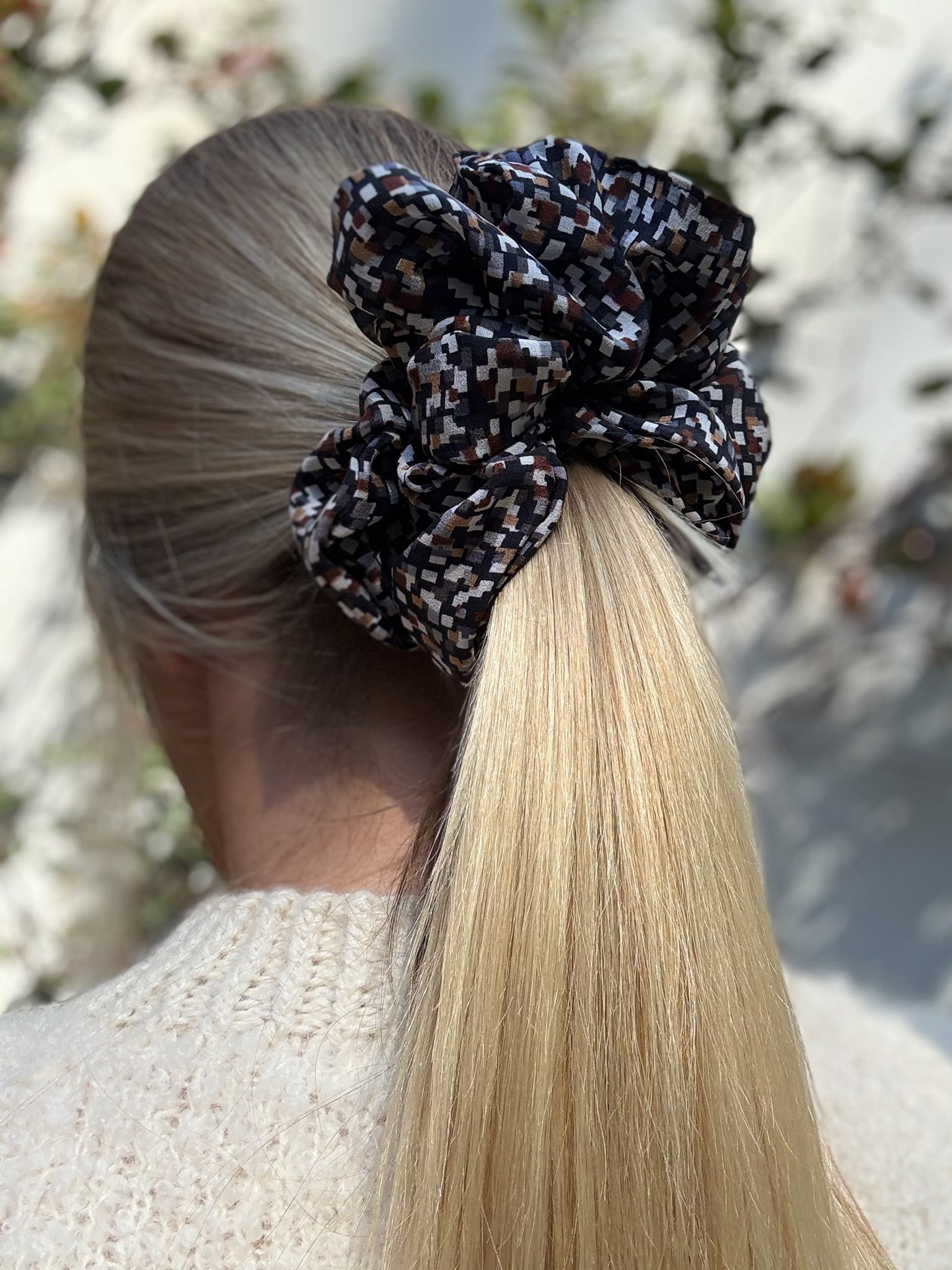 Oversized 100% Silk Scrunchie - Earthy geometric print