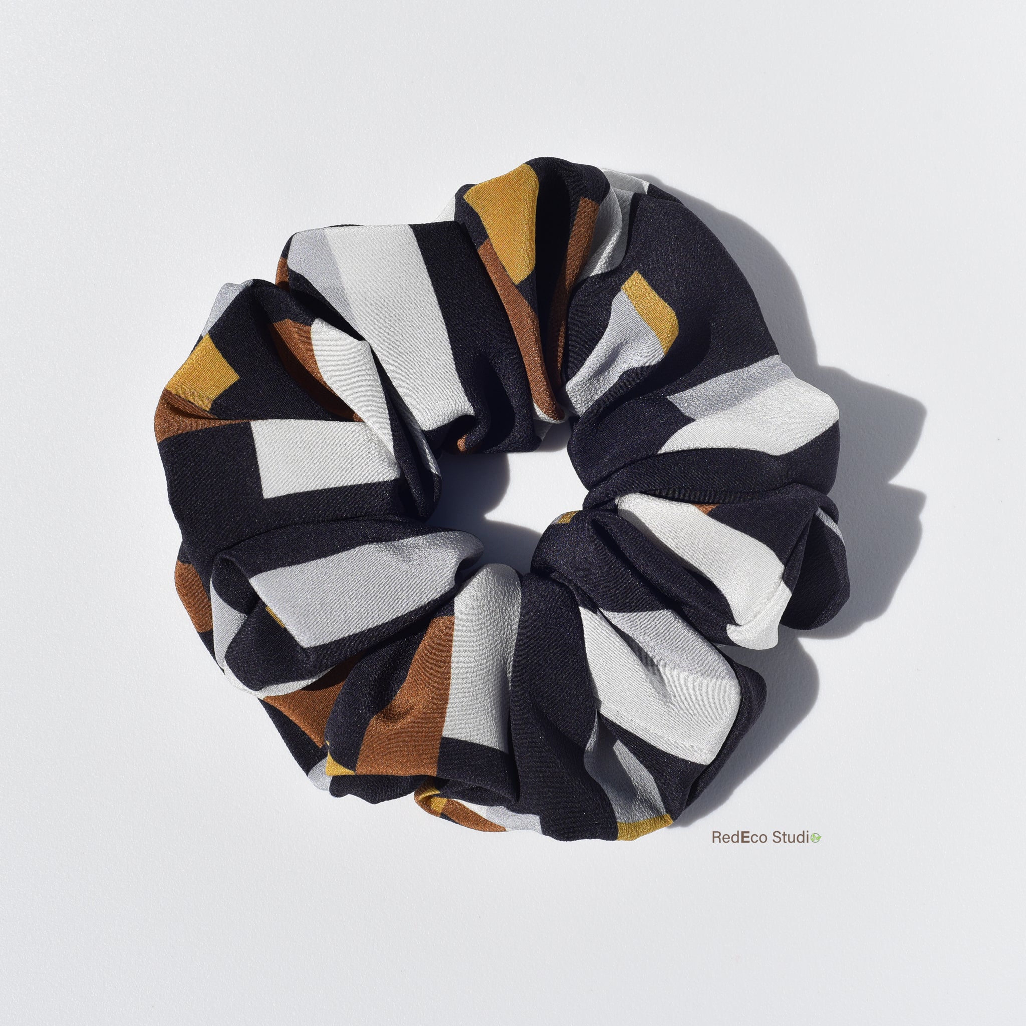 Oversized 100% Silk Scrunchie - White, steel, mustard, ochre rectangles on a navy blue base