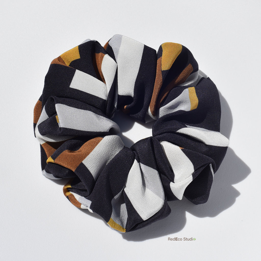 Oversized 100% Silk Scrunchie - White, steel, mustard, ochre rectangles on a navy blue base
