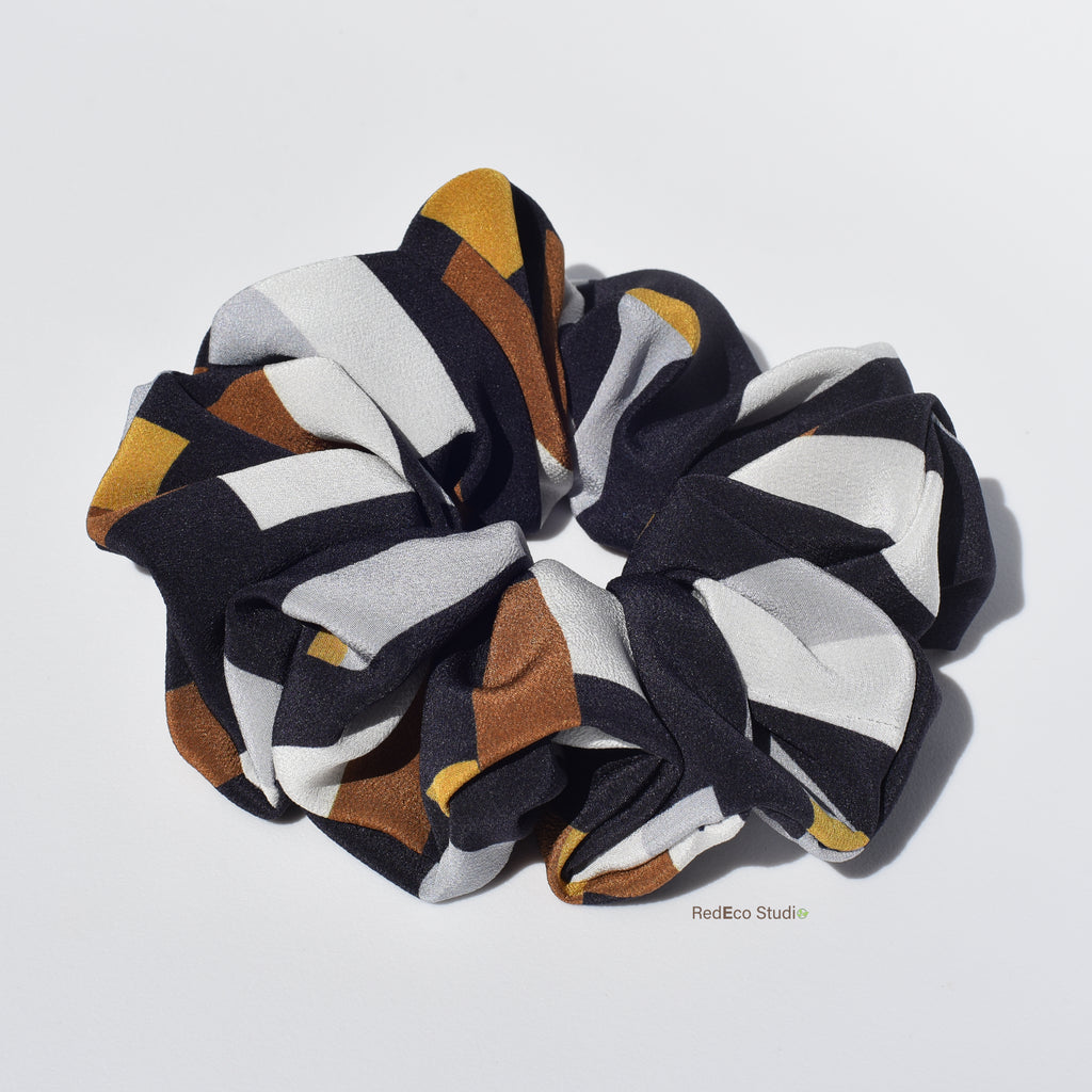 Oversized 100% Silk Scrunchie - White, steel, mustard, ochre rectangles on a navy blue base