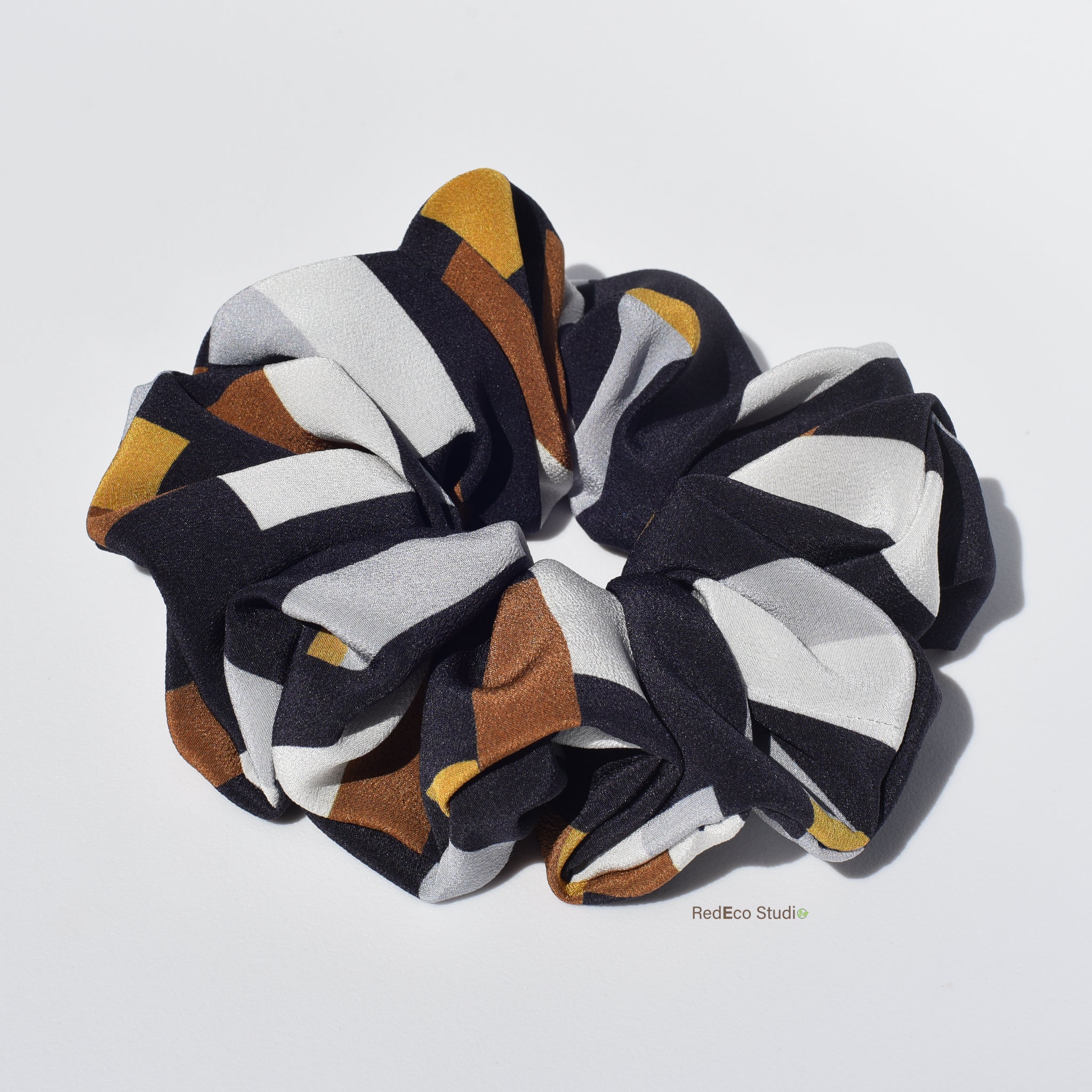 Oversized 100% Silk Scrunchie - White, steel, mustard, ochre rectangles on a navy blue base