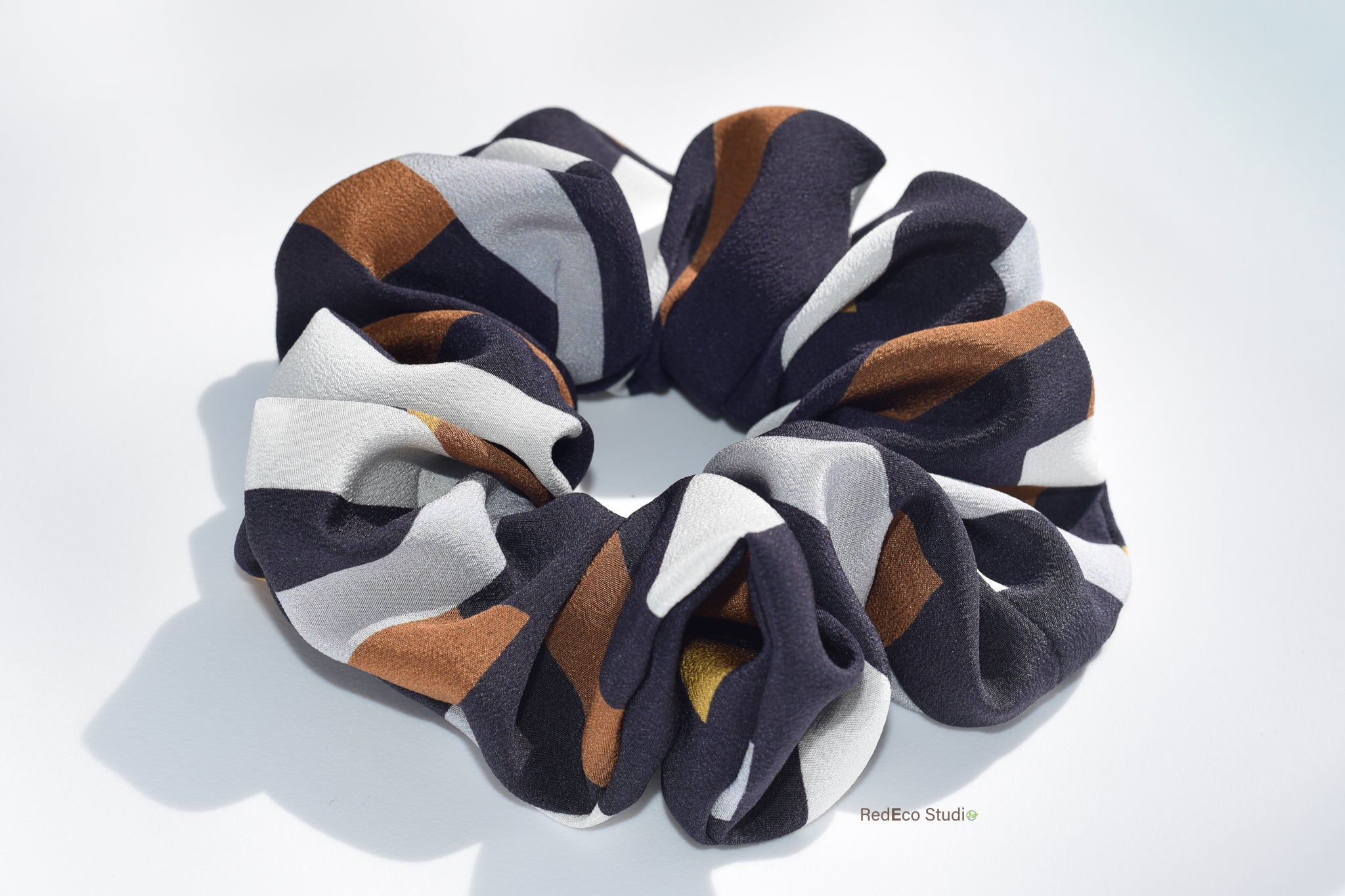 Oversized 100% Silk Scrunchie - White, steel, mustard, ochre rectangles on a navy blue base