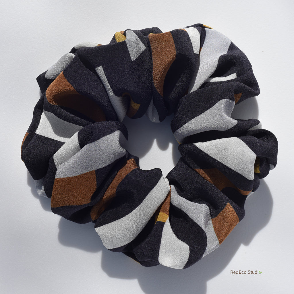 Oversized 100% Silk Scrunchie - White, steel, mustard, ochre rectangles on a navy blue base