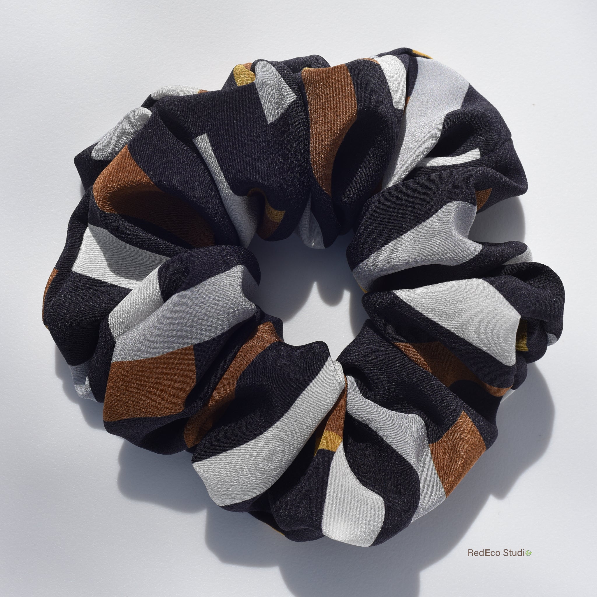 Oversized 100% Silk Scrunchie - White, steel, mustard, ochre rectangles on a navy blue base