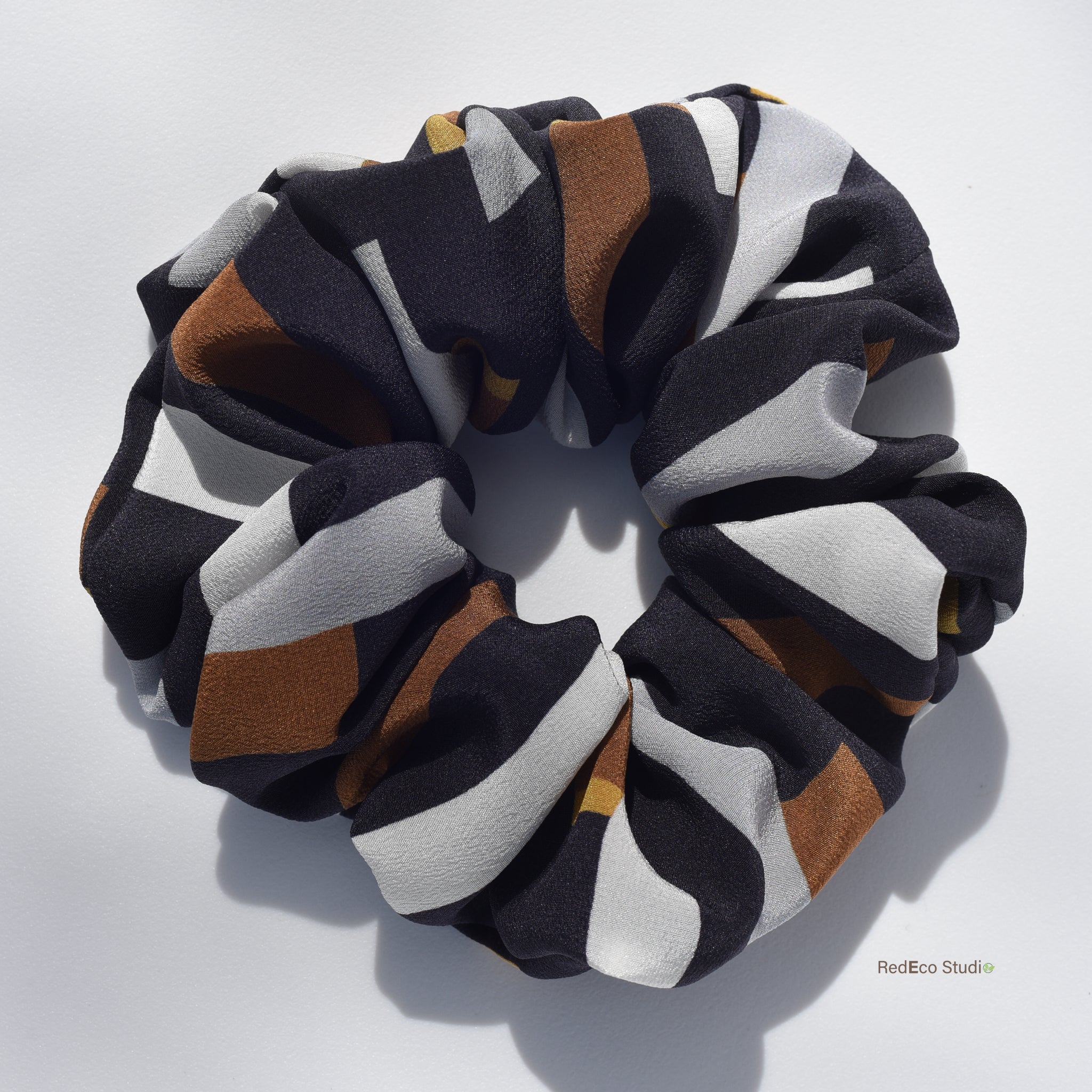 Oversized 100% Silk Scrunchie - White, steel, mustard, ochre rectangles on a navy blue base