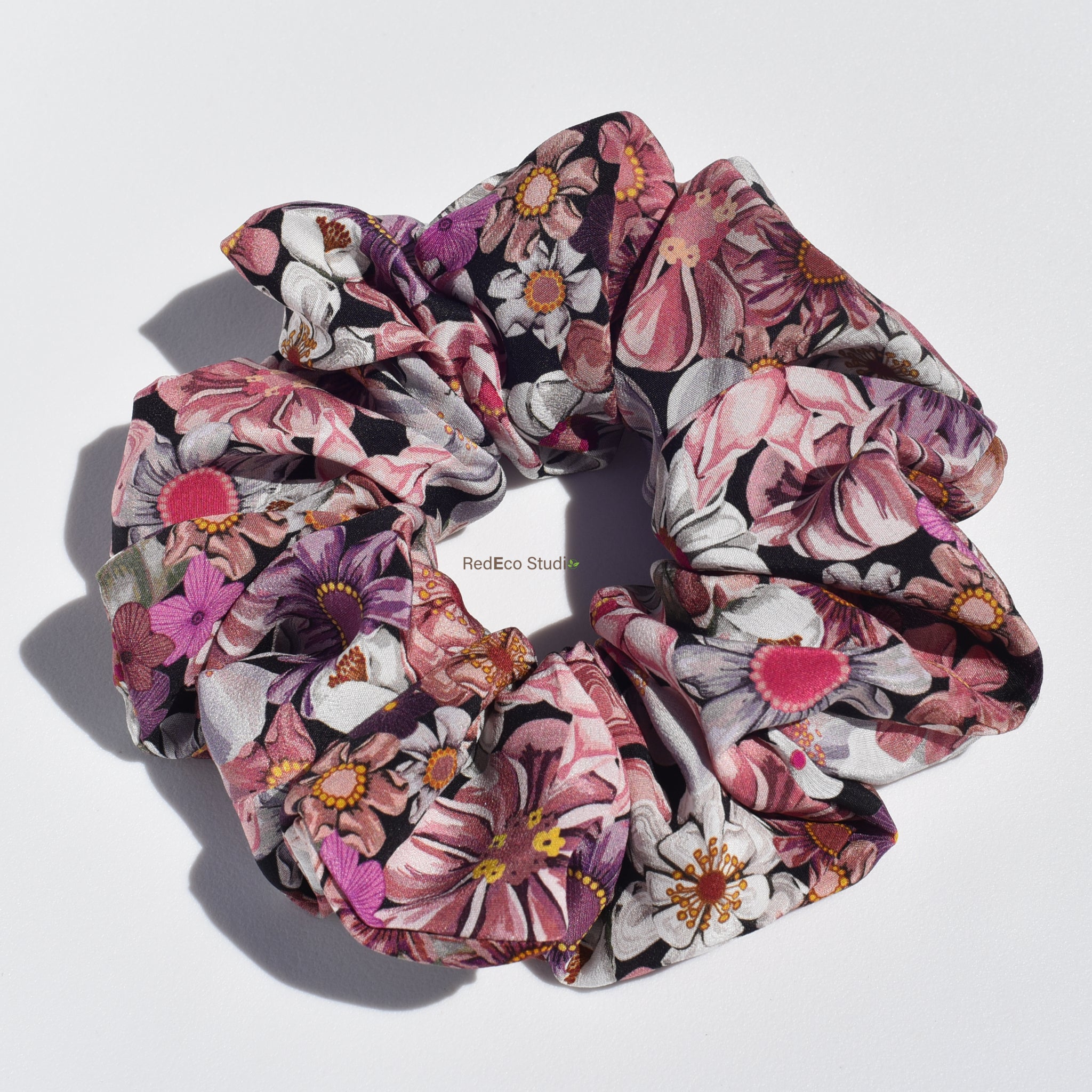 Oversized 100% Silk Scrunchie - Pink Floral Print on a black base