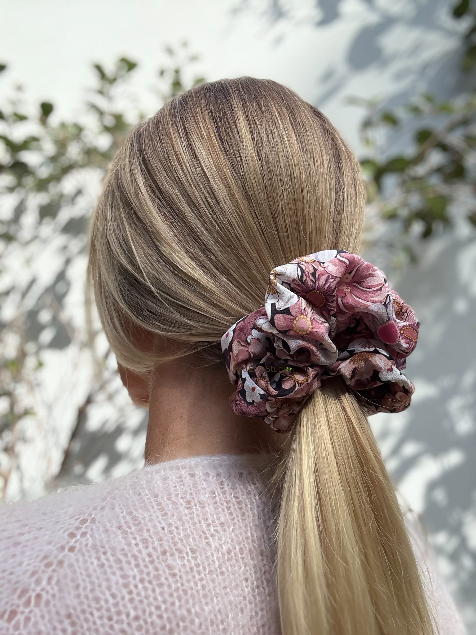 Oversized 100% Silk Scrunchie - Pink Floral Print on a black base