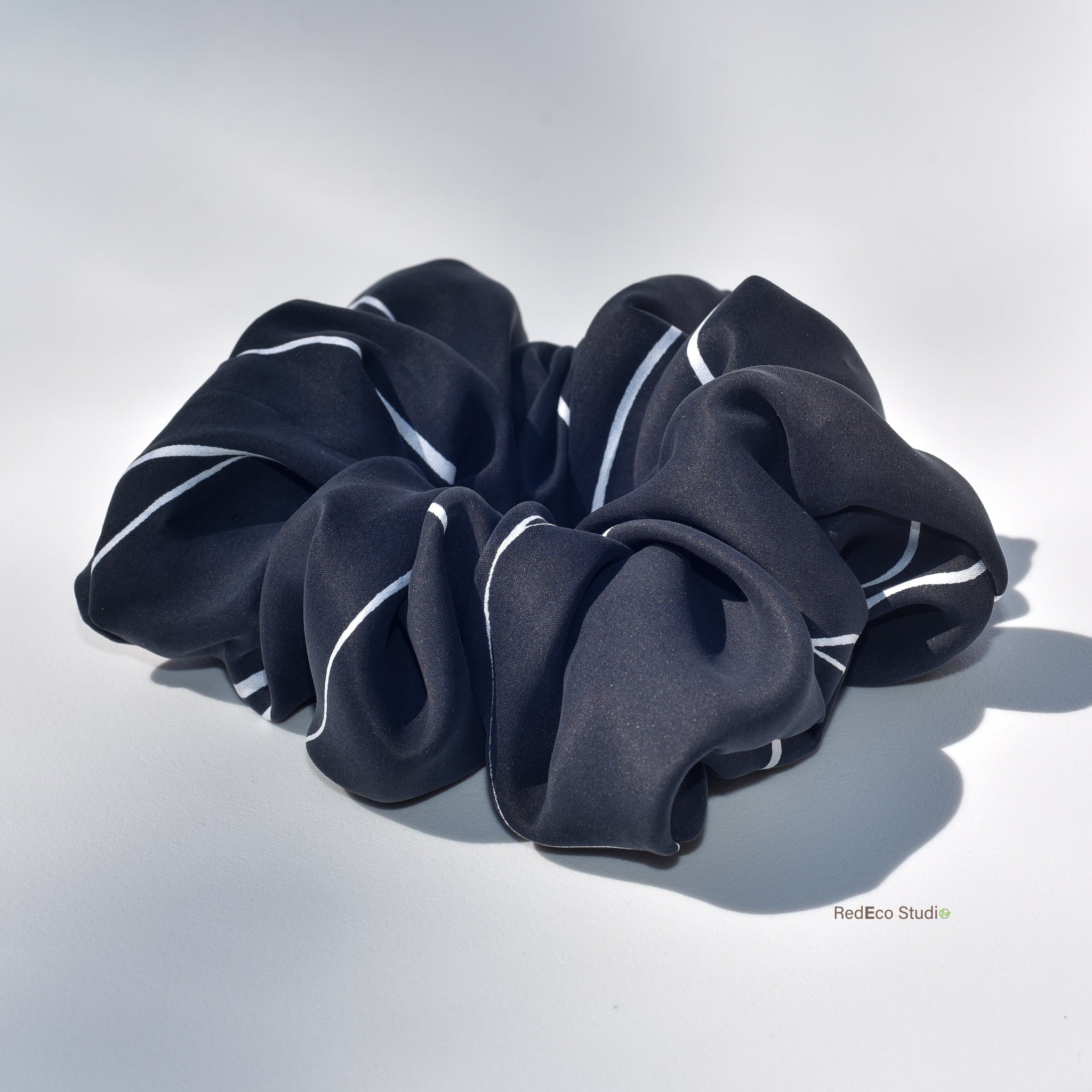 Oversized 100% Silk Scrunchie - White lines on a black base