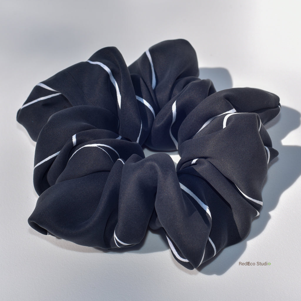 Oversized 100% Silk Scrunchie - White lines on a black base