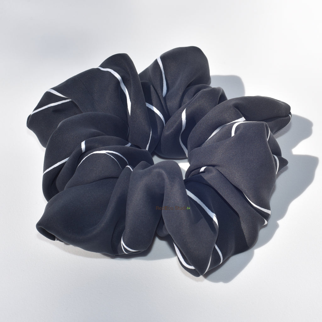 Oversized 100% Silk Scrunchie - White lines on a black base