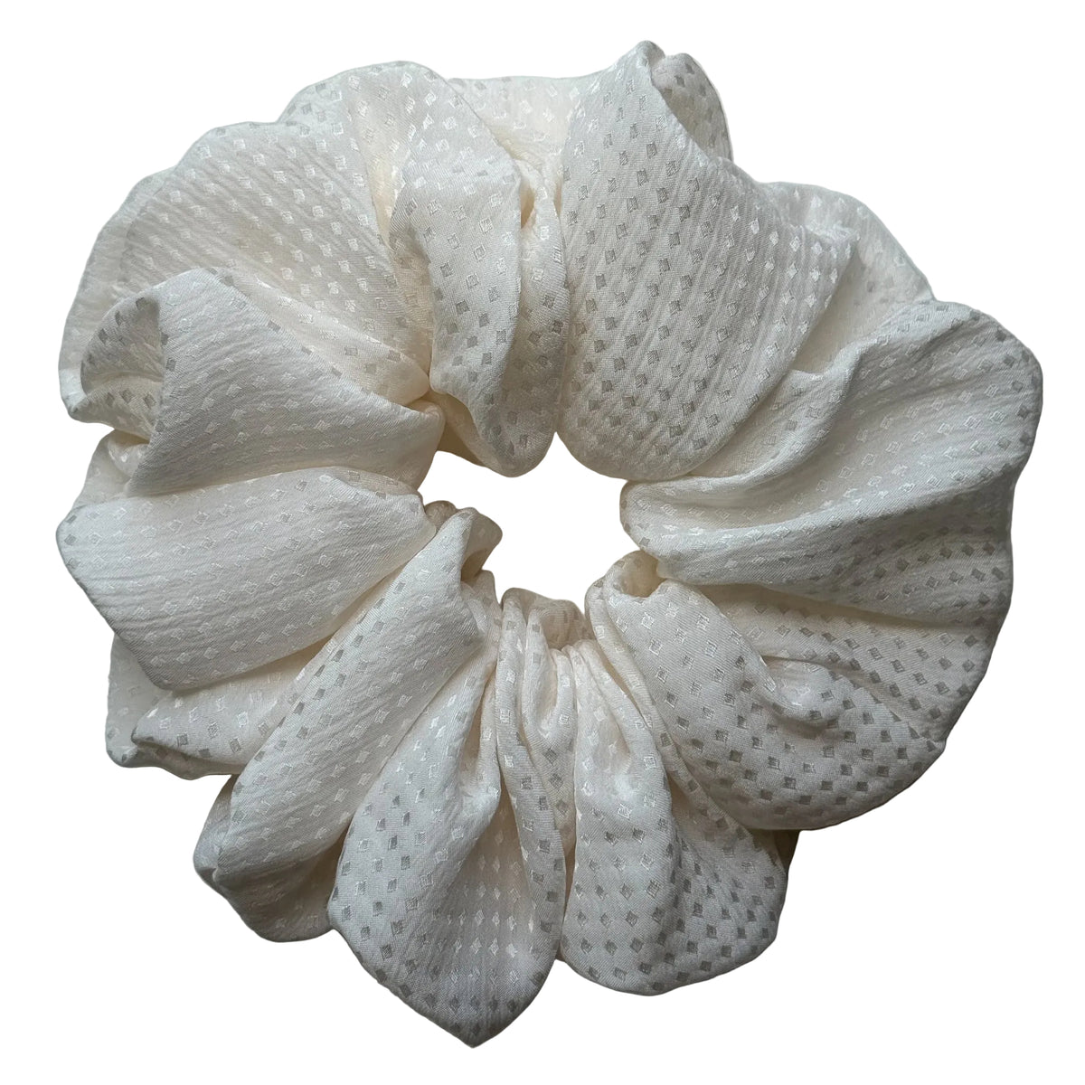 Pearl Reverie oversized silk scrunchie in ivory silk jacquard with a woven diamond pattern, flat lay