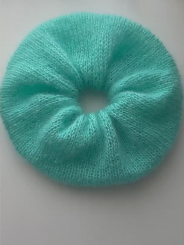 Bluebell XL hand-knitted mohair silk scrunchie in bright turquoise — video of the fluffy mohair knit | RedEco Studio