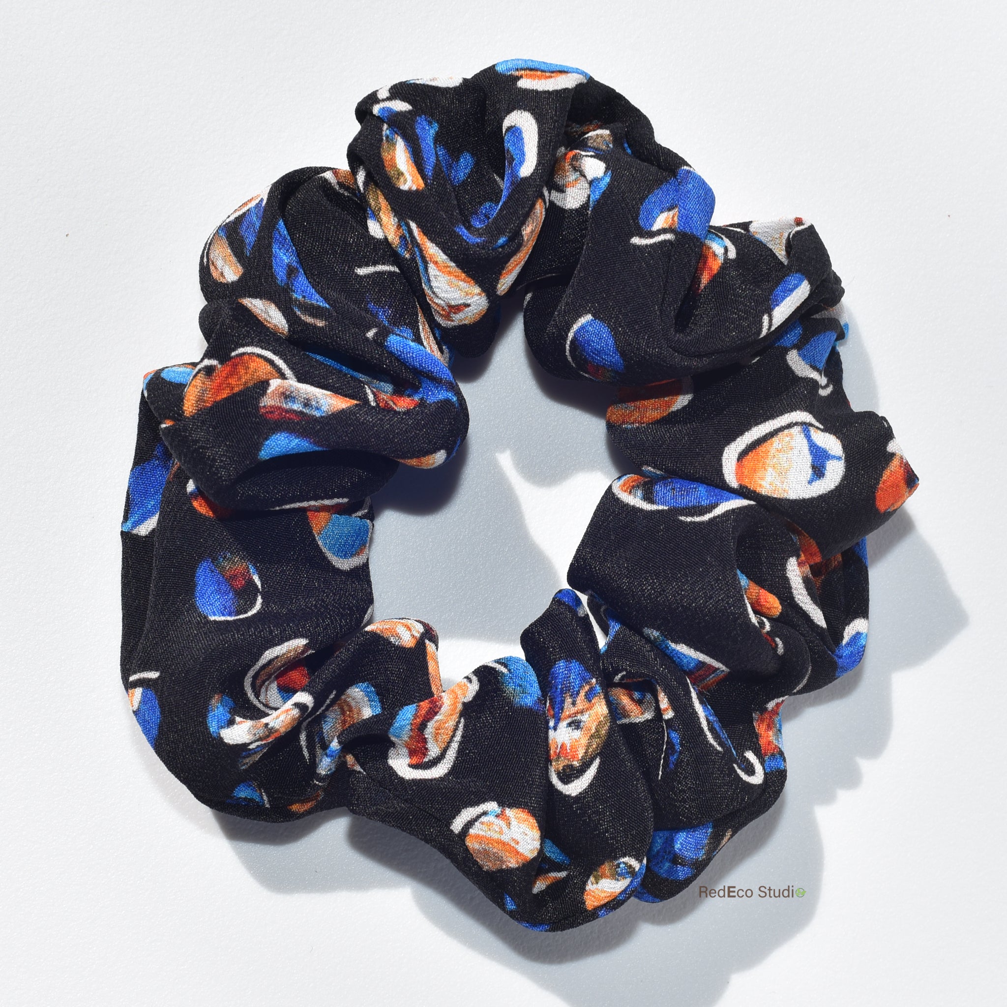 Classic 100% Silk Scrunchie - Pebbles on a navy blue base