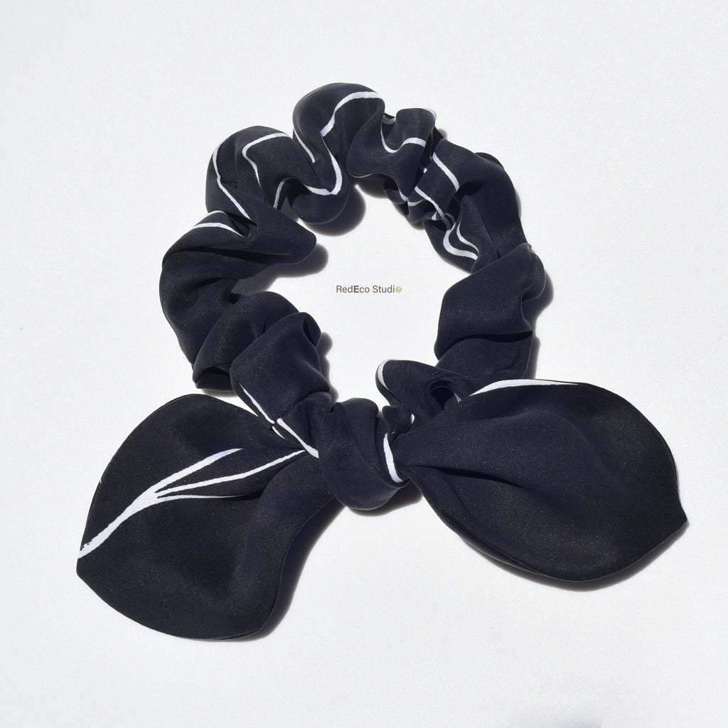 Mini 100% Silk Bow Scrunchie - White lines on a black base